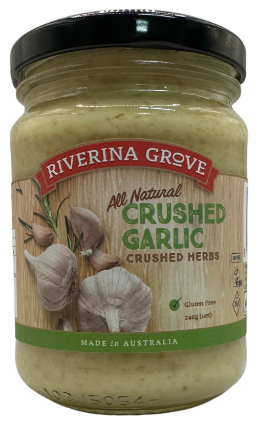 Riverina Grove CRUSHED GARLIC his extortionary product is perfect for adding flavour to your sauces, stir-fries and gravies. One teaspoon for one clove is all you need.